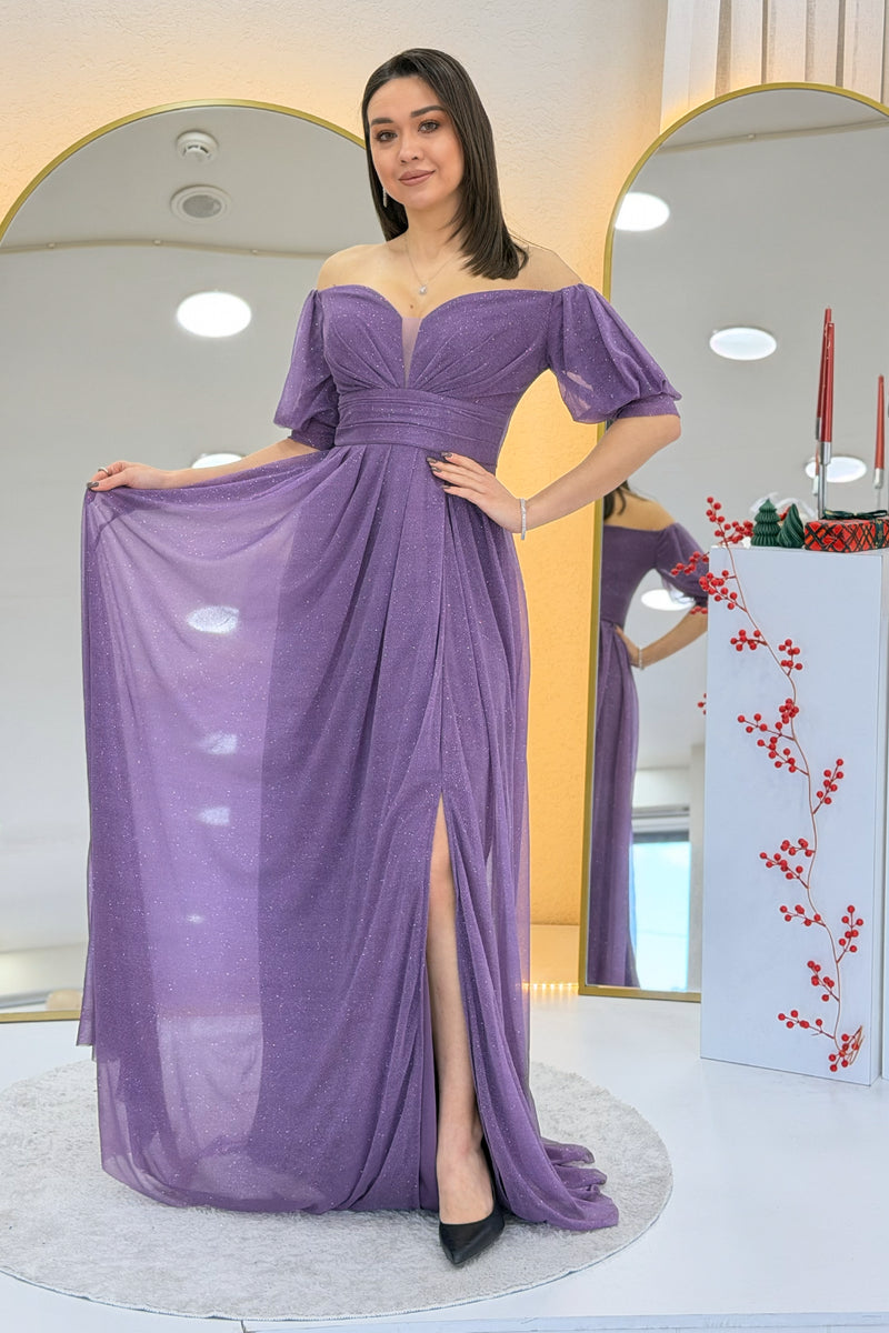 Lilac Short-Sleeve Maxi Chiffon Evening Dress