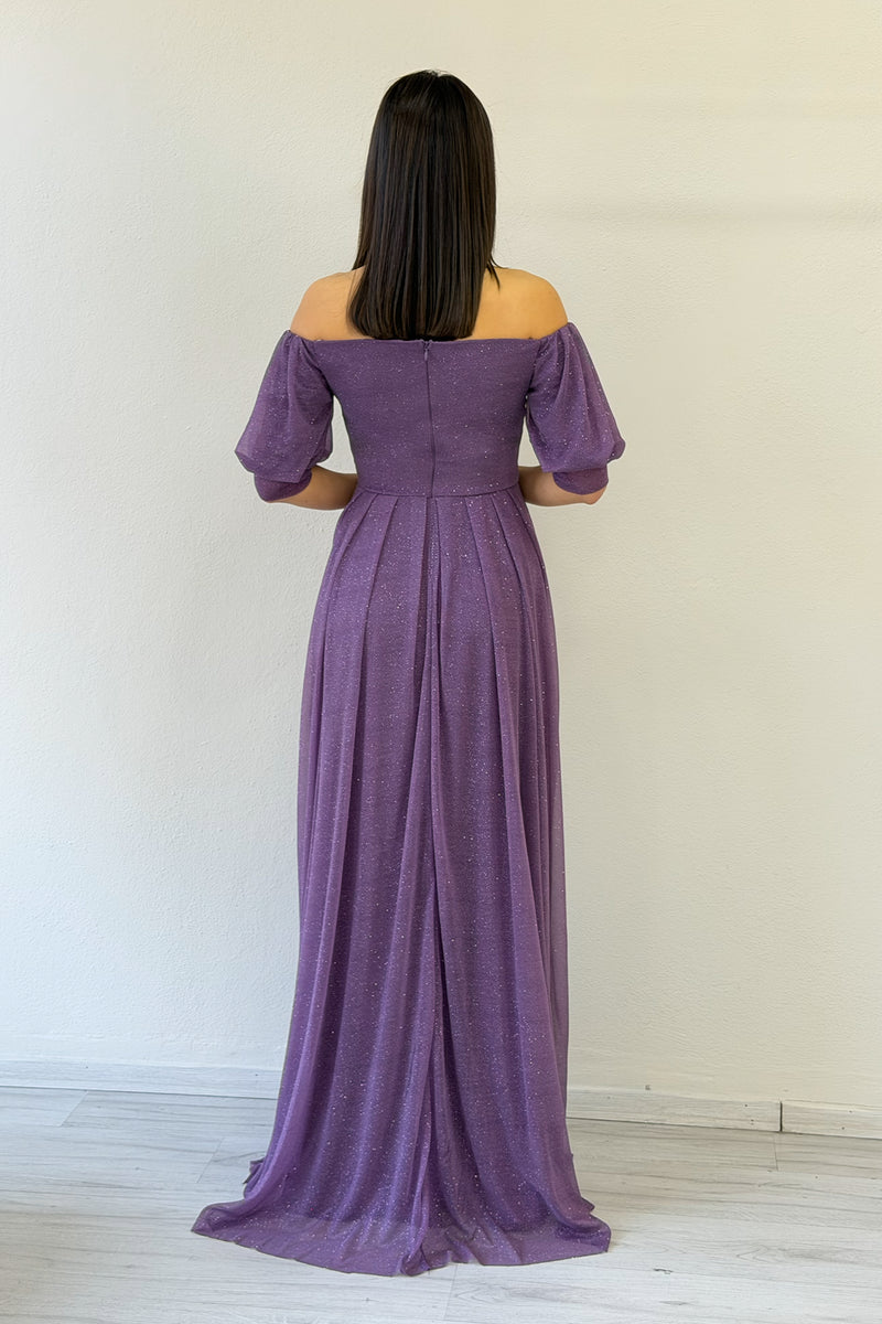 Lilac Short-Sleeve Maxi Chiffon Evening Dress