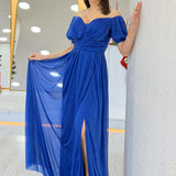 Saxe Blue Short-Sleeve Maxi Chiffon Evening Dress