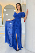 Saxe Blue Short-Sleeve Maxi Chiffon Evening Dress