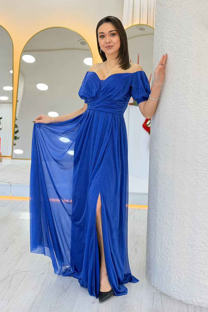 Saxe Blue Short-Sleeve Maxi Chiffon Evening Dress
