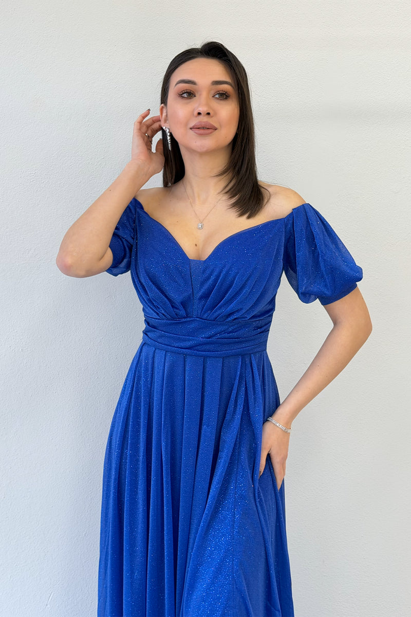 Saxe Blue Short-Sleeve Maxi Chiffon Evening Dress