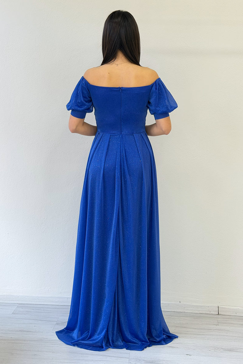 Saxe Blue Short-Sleeve Maxi Chiffon Evening Dress