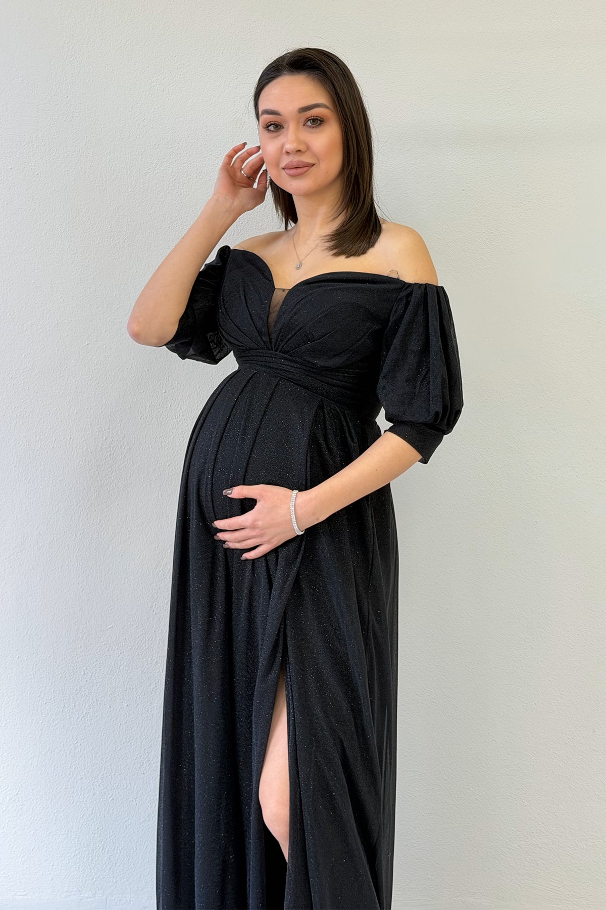 Black Short-Sleeve Maxi Chiffon Evening Dress
