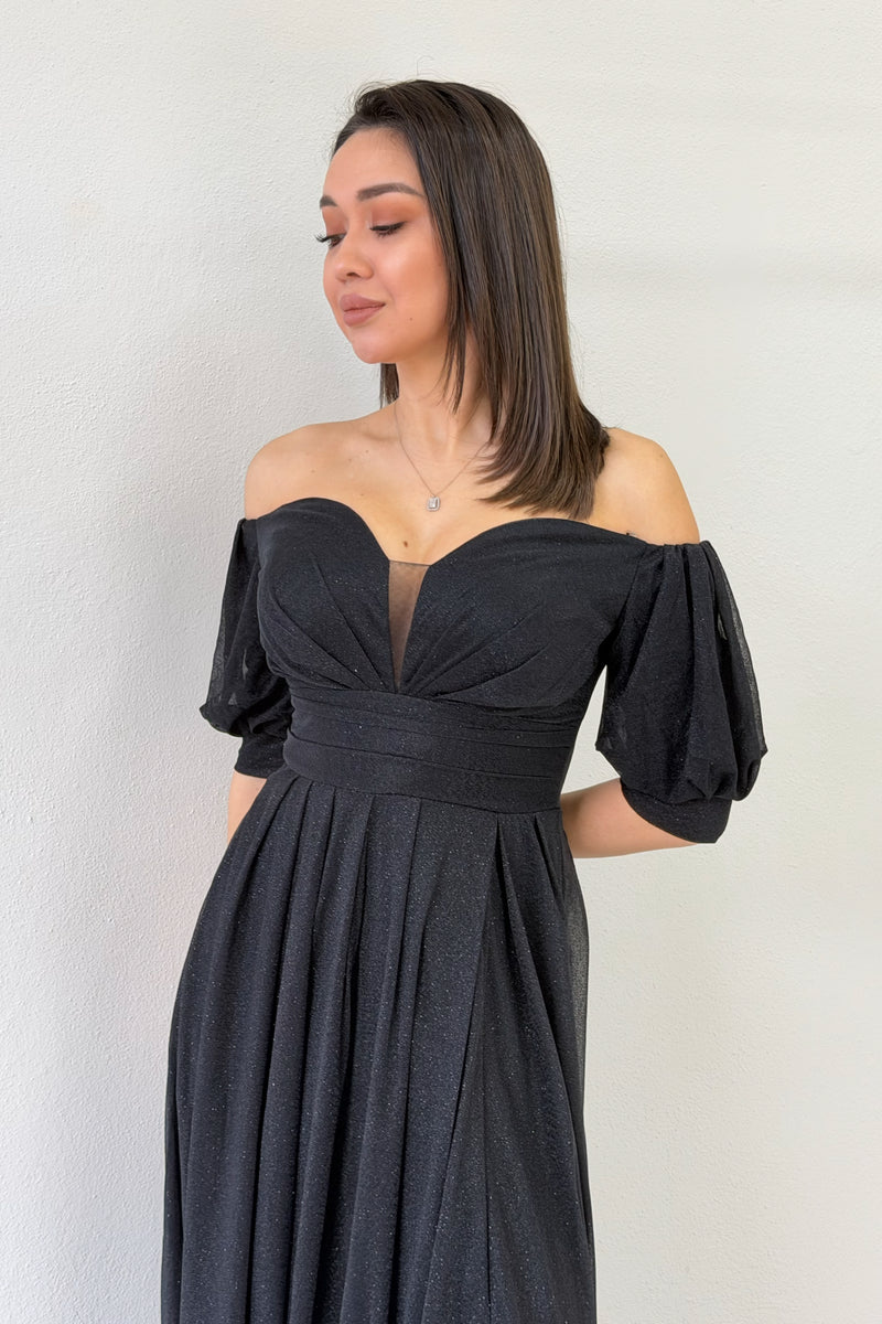 Black Short-Sleeve Maxi Chiffon Evening Dress