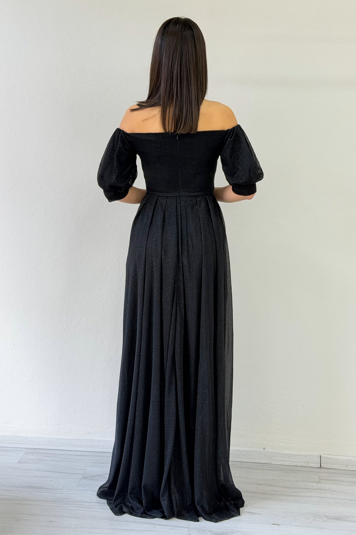 Black Short-Sleeve Maxi Chiffon Evening Dress