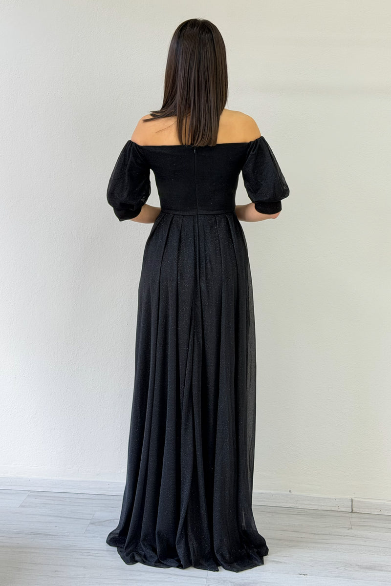 Black Short-Sleeve Maxi Chiffon Evening Dress