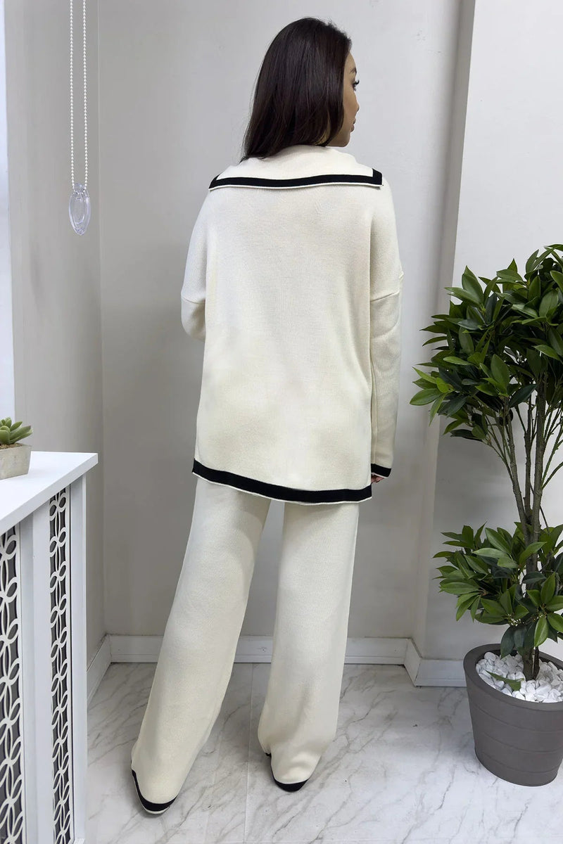 Women's Black Striped White Pants Cardigan Knitwear Set