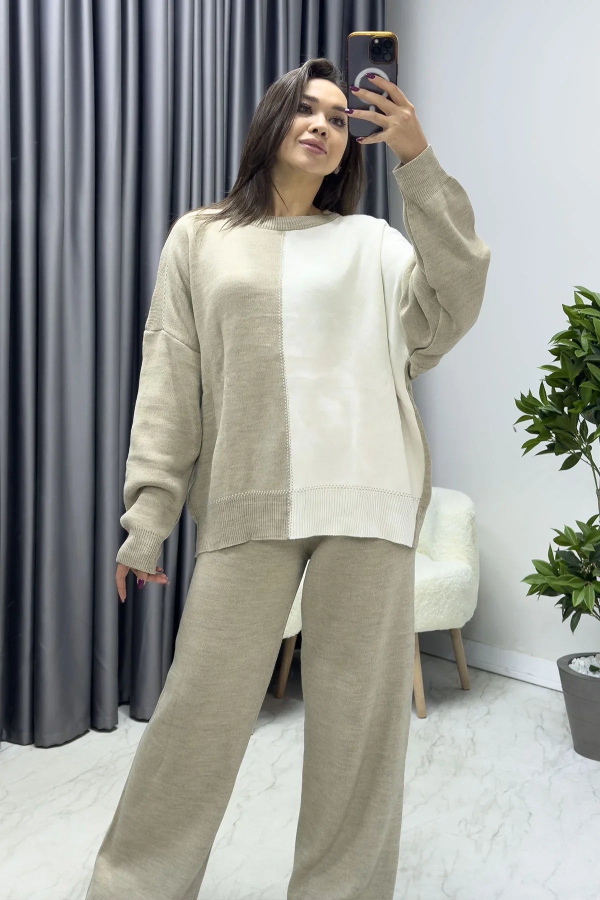 Women's Khaki White Knitwear Two-Piece Set