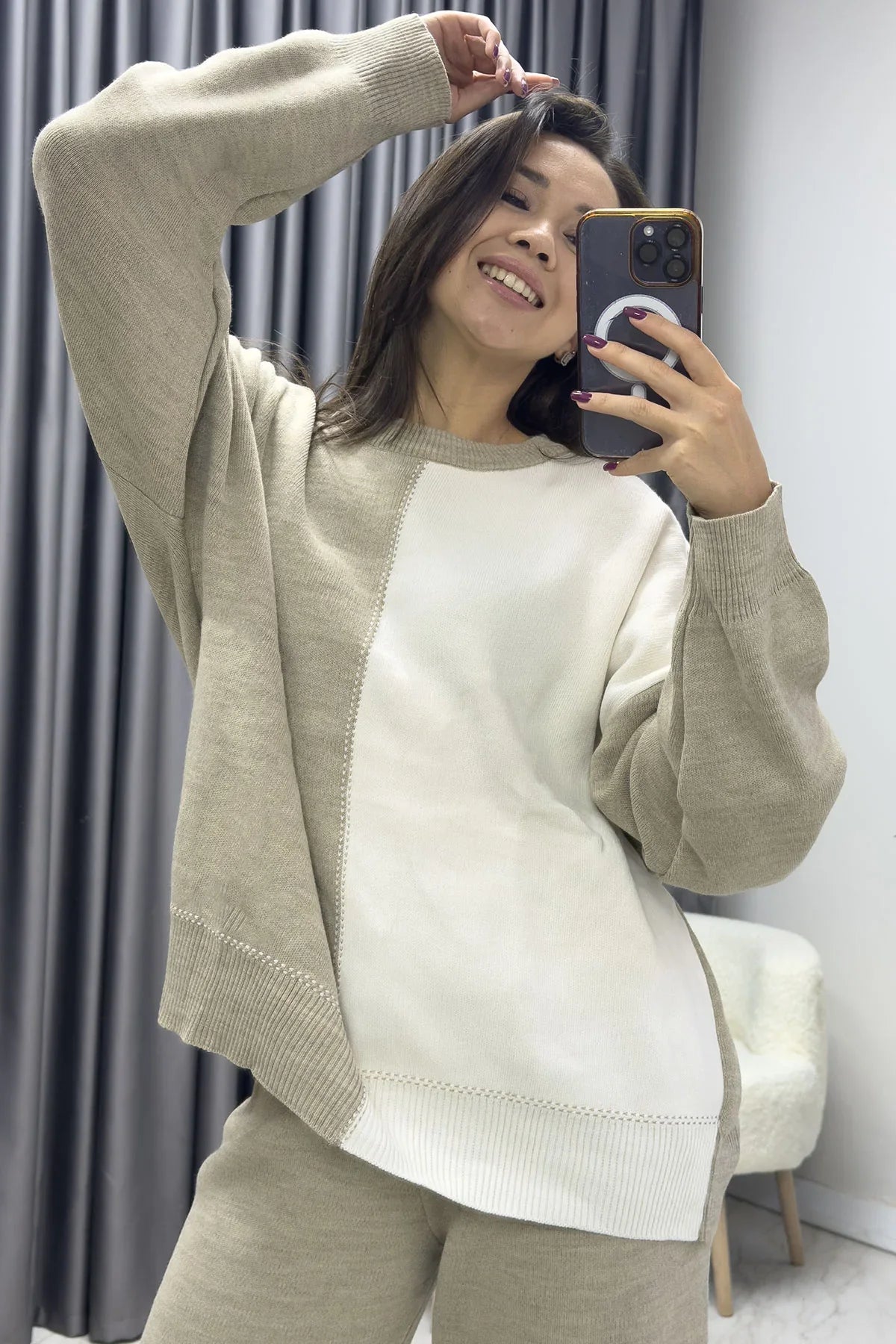 Women's Khaki White Knitwear Two-Piece Set