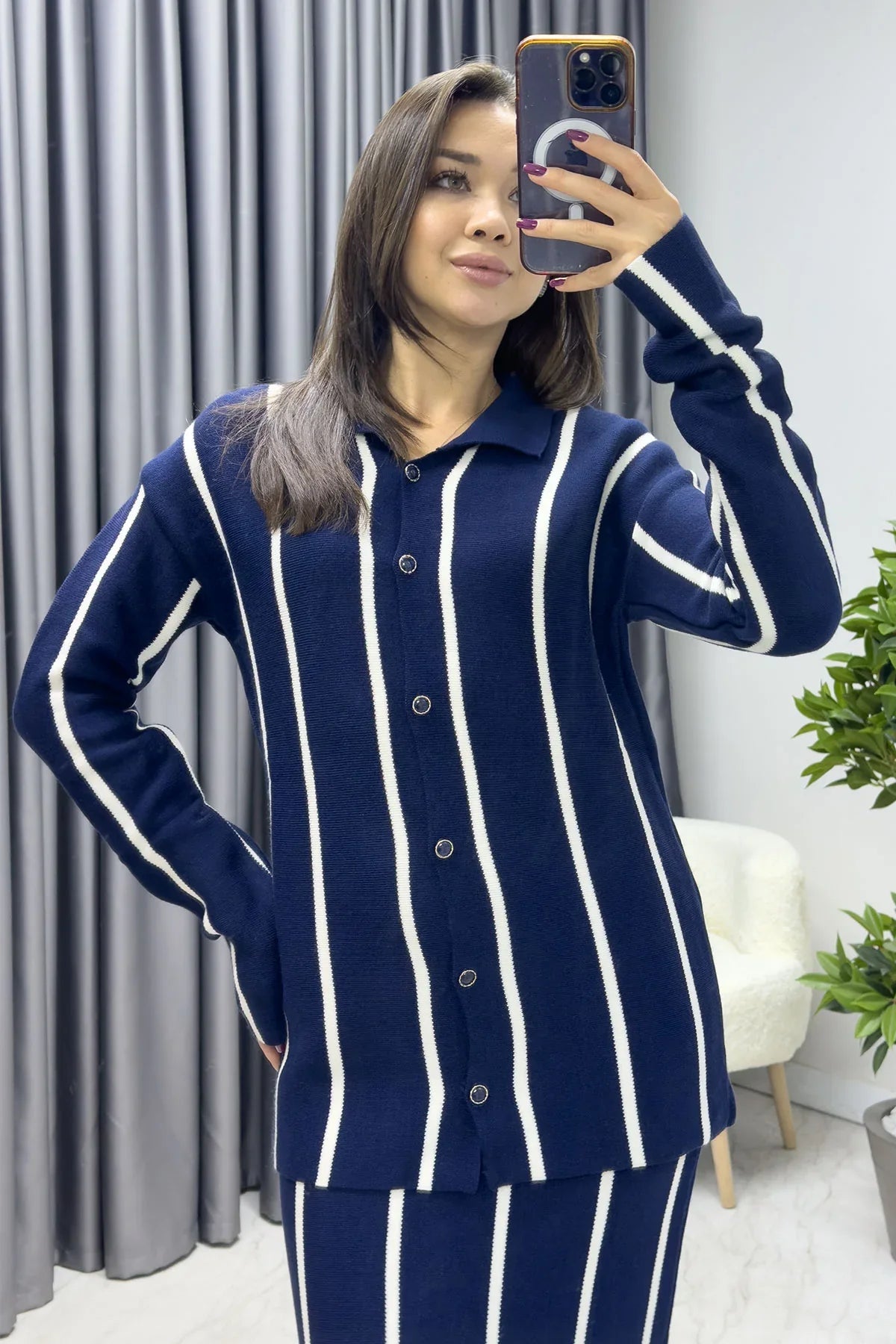 Women's Navy Blue White Knitwear Skirt Cardigan Set