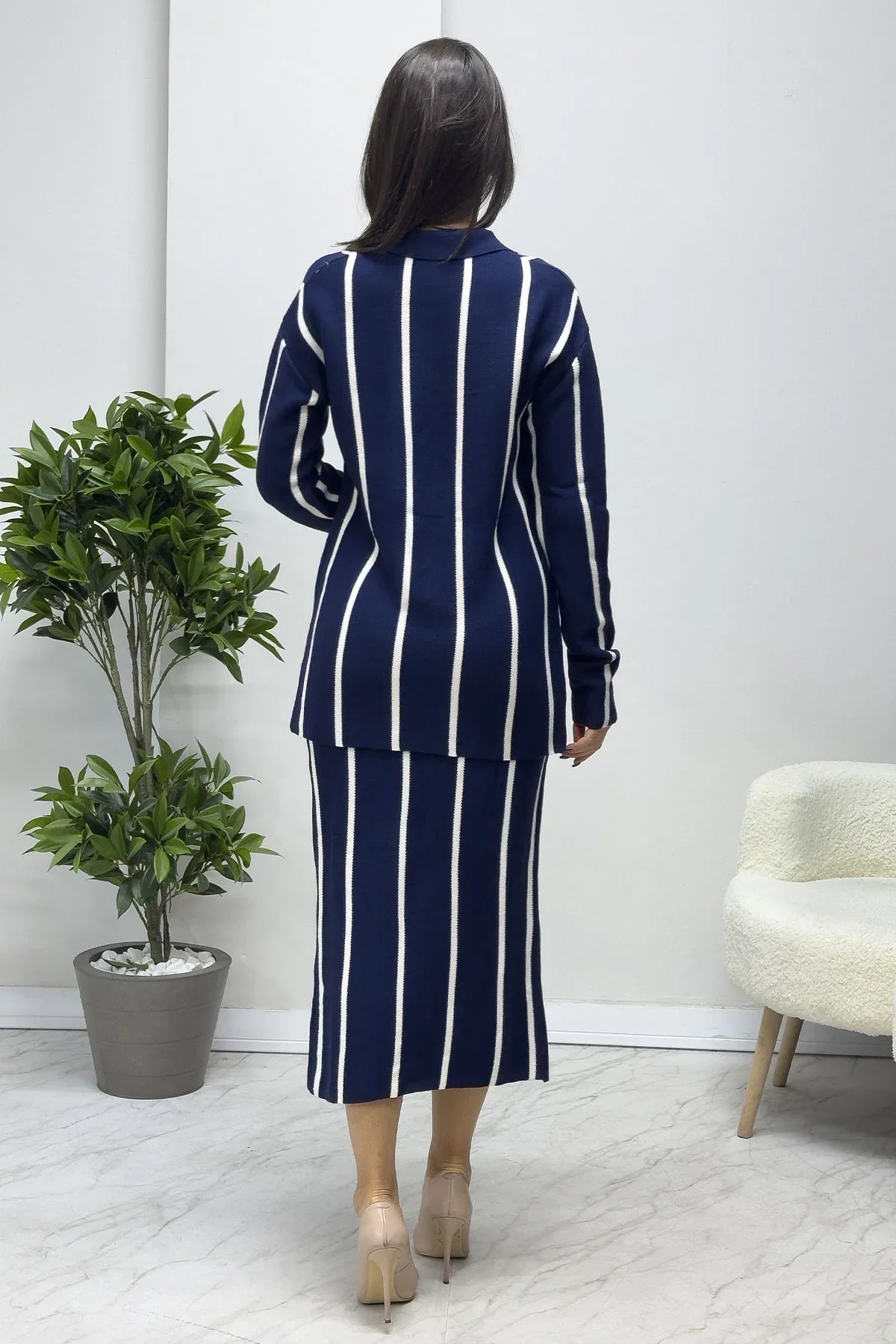 Women's Navy Blue White Knitwear Skirt Cardigan Set