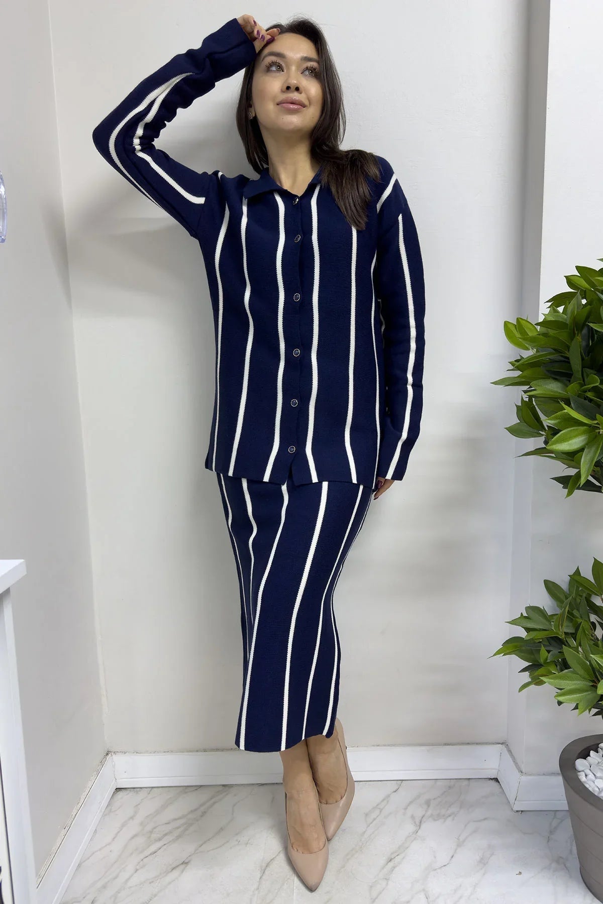 Women's Navy Blue White Knitwear Skirt Cardigan Set