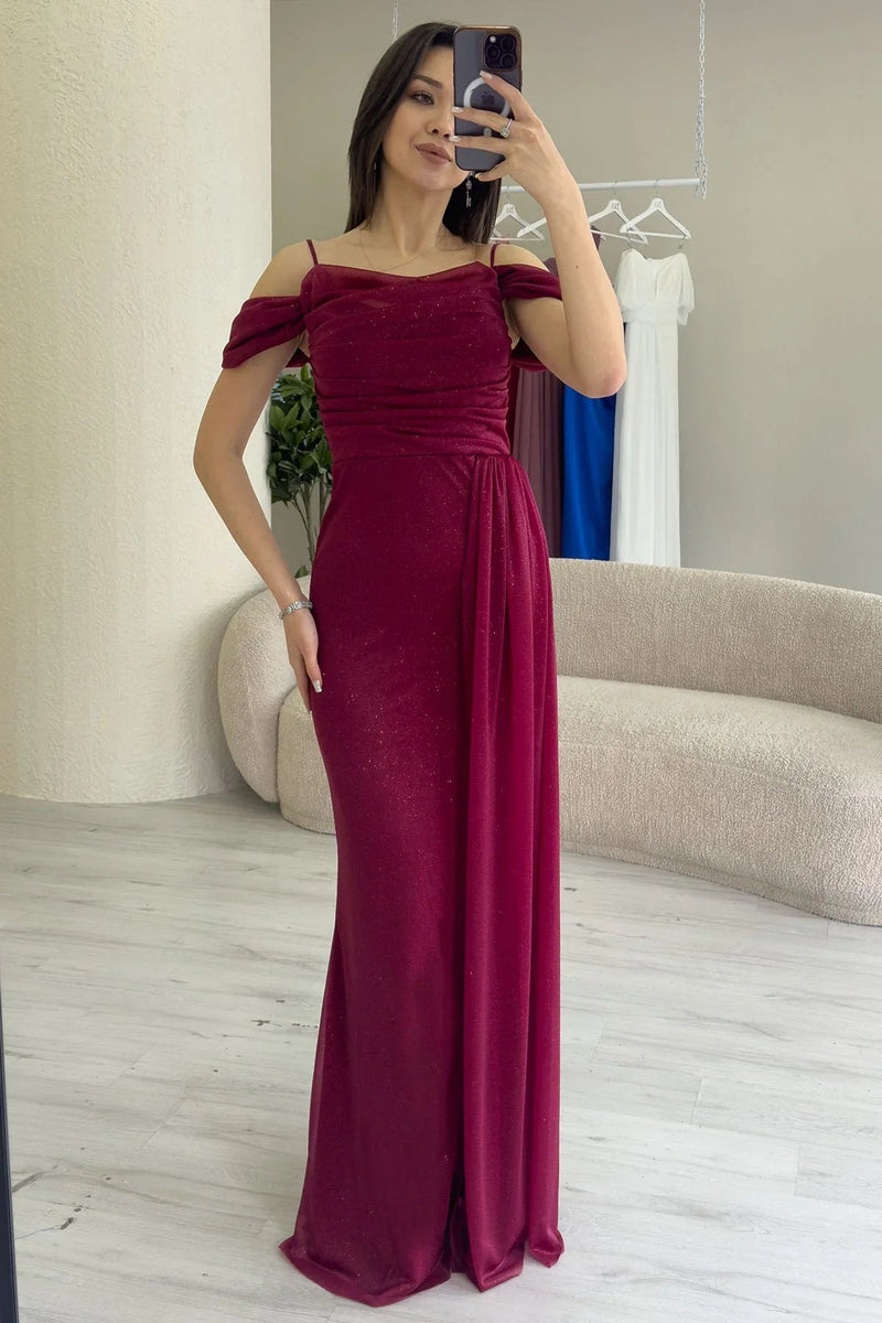 Women's Burgundy Strap Off-Shoulder Yırtmaç Detail Evening Gown