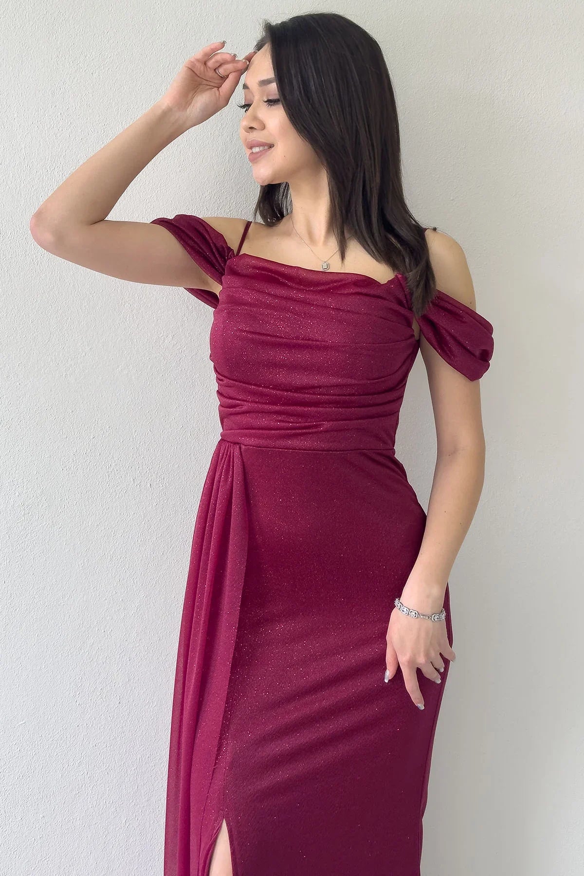 Women's Burgundy Strap Off-Shoulder Yırtmaç Detail Evening Gown