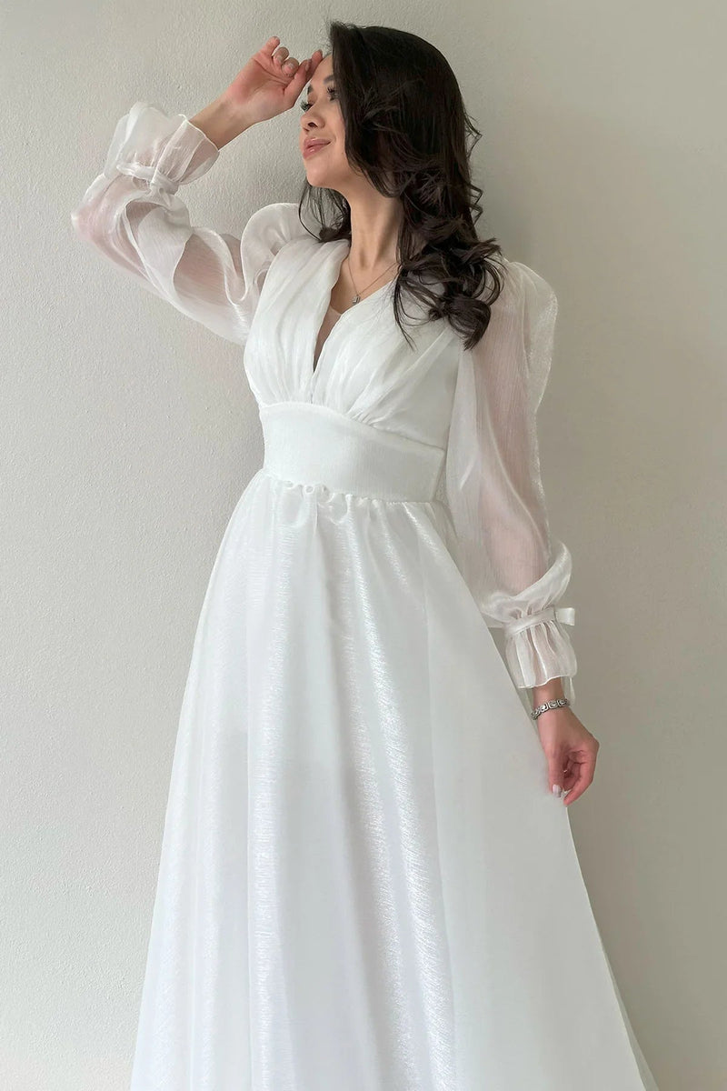 Women's Asymmetric Skirt White Karpuz Sleeve Prenses V-Neck Evening Gown