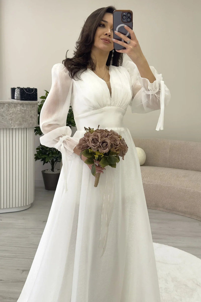 Women's Asymmetric Skirt White Karpuz Sleeve Prenses V-Neck Evening Gown