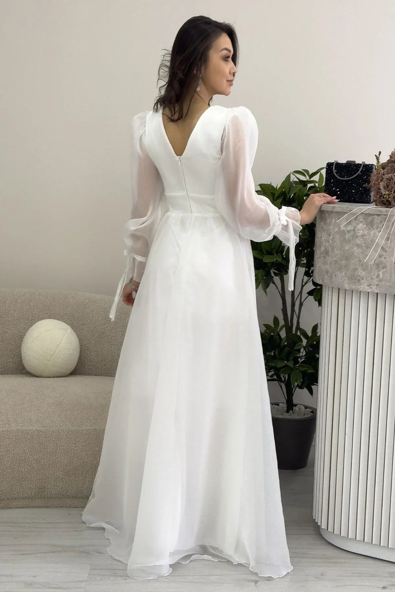 Women's Asymmetric Skirt White Karpuz Sleeve Prenses V-Neck Evening Gown
