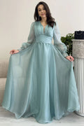 Aqua Green Asymmetrical Skirt Princess Maxi Evening Dress