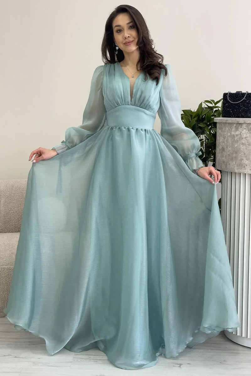 Women's Asymmetric Skirt Aqua Green Karpuz Sleeve Prenses V-Neck Evening Gown