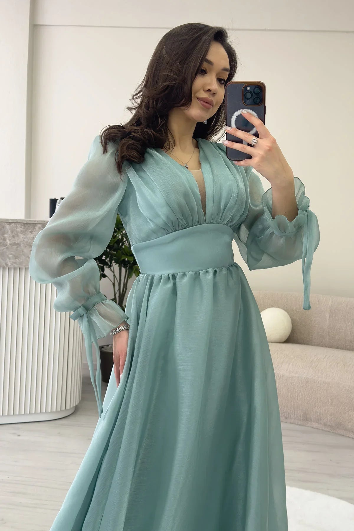 Women's Asymmetric Skirt Aqua Green Karpuz Sleeve Prenses V-Neck Evening Gown