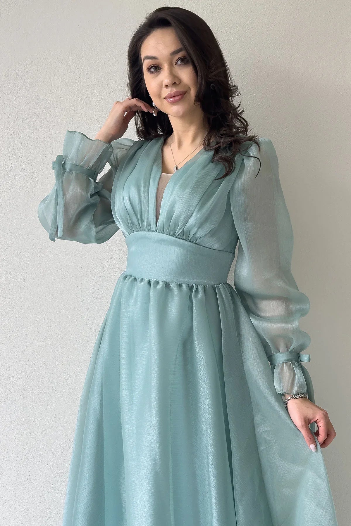 Women's Asymmetric Skirt Aqua Green Karpuz Sleeve Prenses V-Neck Evening Gown