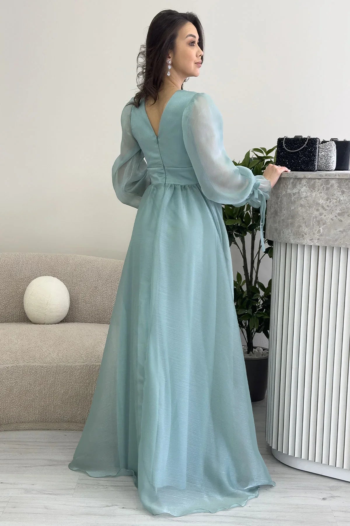 Women's Asymmetric Skirt Aqua Green Karpuz Sleeve Prenses V-Neck Evening Gown