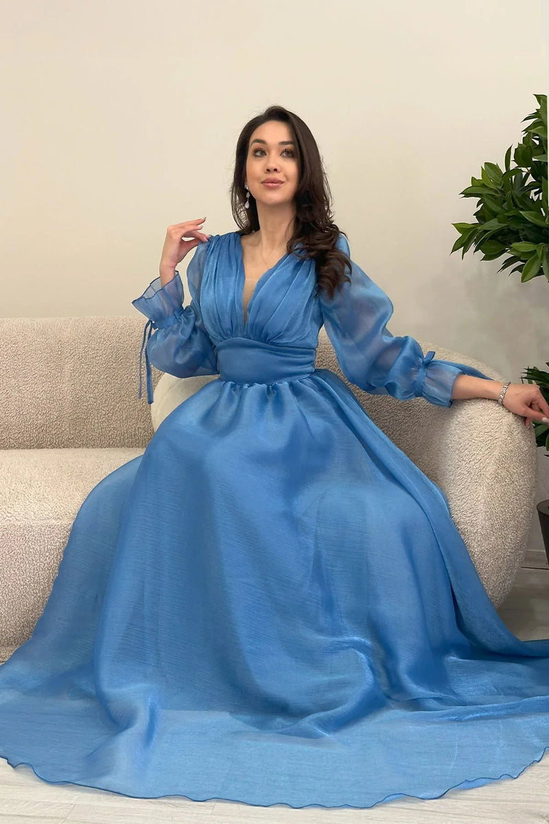 Women's Asymmetric Skirt Turquoise Karpuz Sleeve Prenses V-Neck Evening Gown