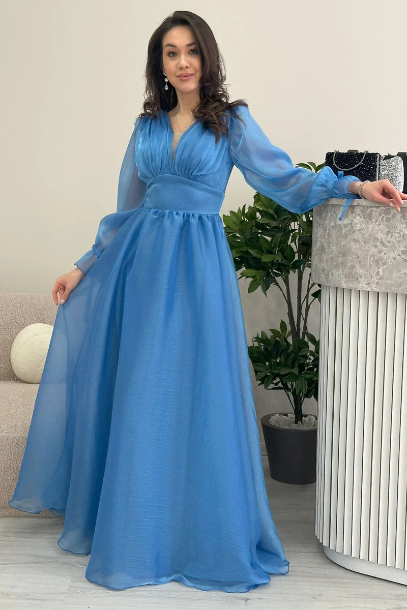 Women's Asymmetric Skirt Turquoise Karpuz Sleeve Prenses V-Neck Evening Gown