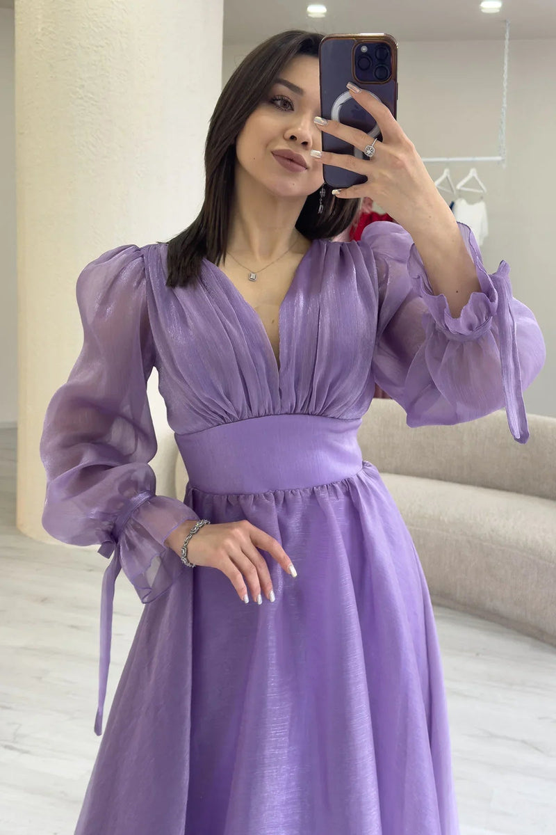 Women's Asymmetric Skirt Lilac Karpuz Sleeve Prenses V-Neck Evening Gown