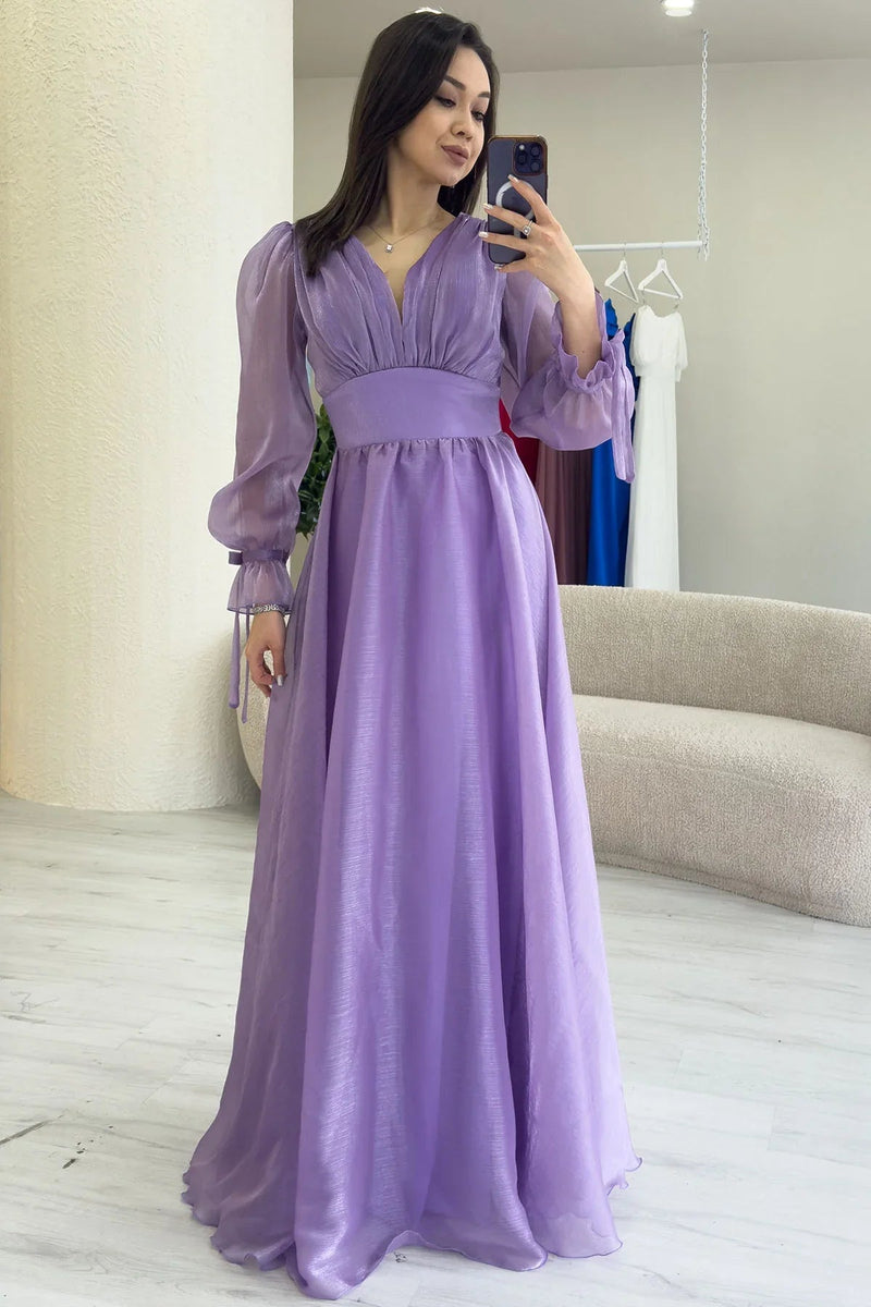 Women's Asymmetric Skirt Lilac Karpuz Sleeve Prenses V-Neck Evening Gown