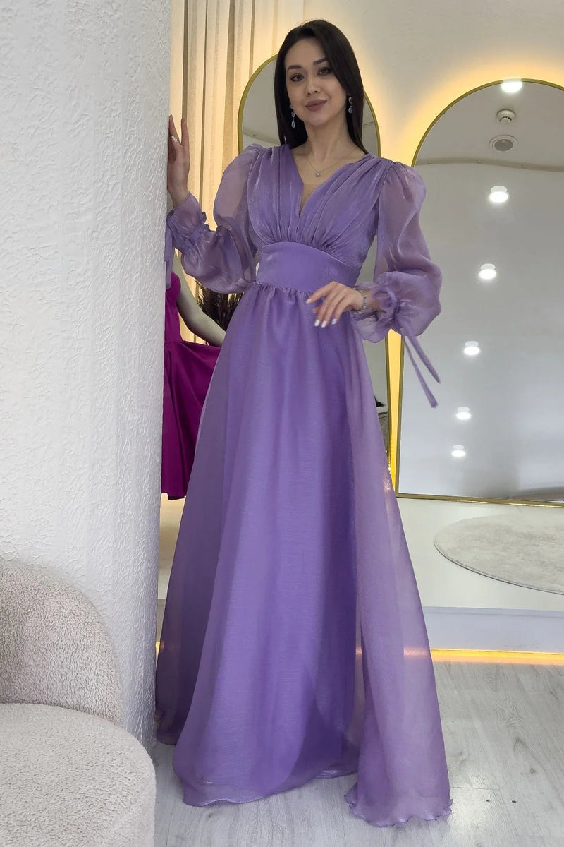 Women's Asymmetric Skirt Lilac Karpuz Sleeve Prenses V-Neck Evening Gown