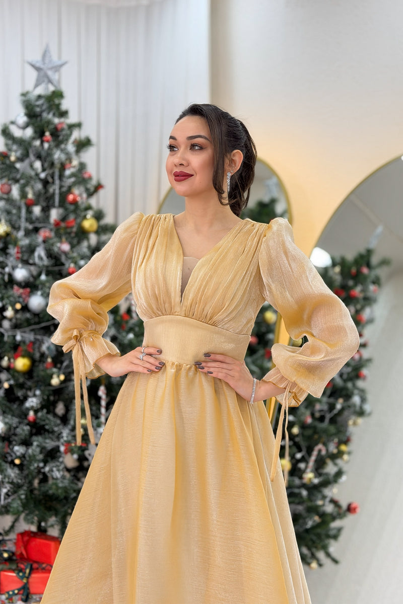 Gold Asymmetrical Skirt Princess Maxi Evening Dress