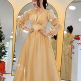 Gold Asymmetrical Skirt Princess Maxi Evening Dress