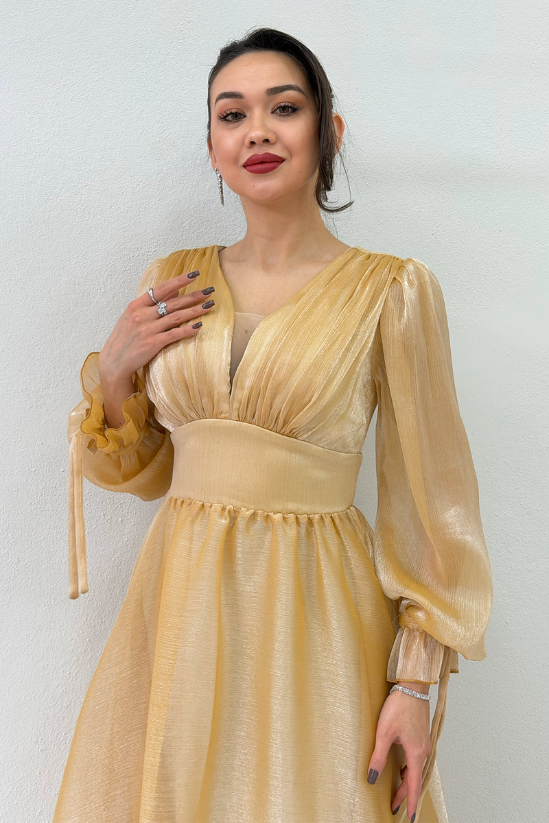 Gold Asymmetrical Skirt Princess Maxi Evening Dress