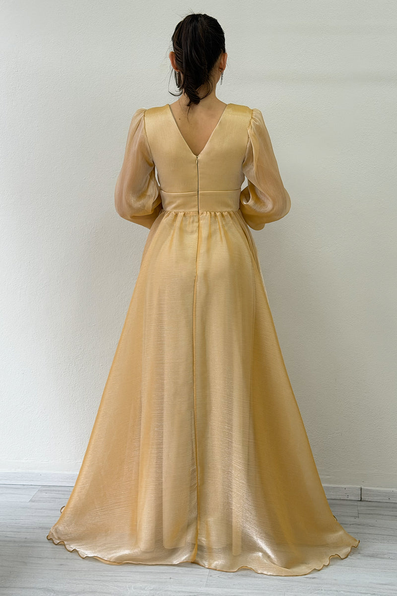 Gold Asymmetrical Skirt Princess Maxi Evening Dress