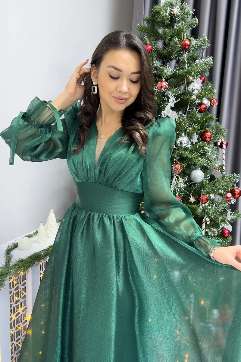 Women's Emerald Green Karpuz Sleeve Prenses V-Neck Evening Gown