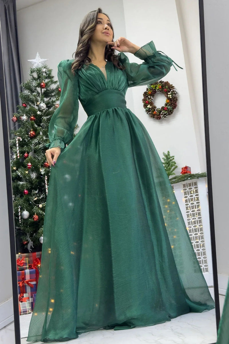 Women's Emerald Green Karpuz Sleeve Prenses V-Neck Evening Gown
