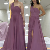 Dusty Rose One-Shoulder Draped Maxi Chiffon Evening Dress