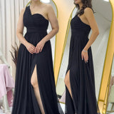 Black One-Shoulder Draped Maxi Chiffon Evening Dress