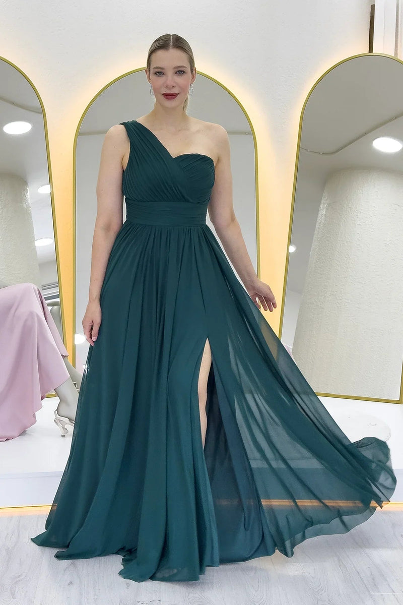 Women's Emerald Green Tek Omuz Piliseli Flared Evening Gown