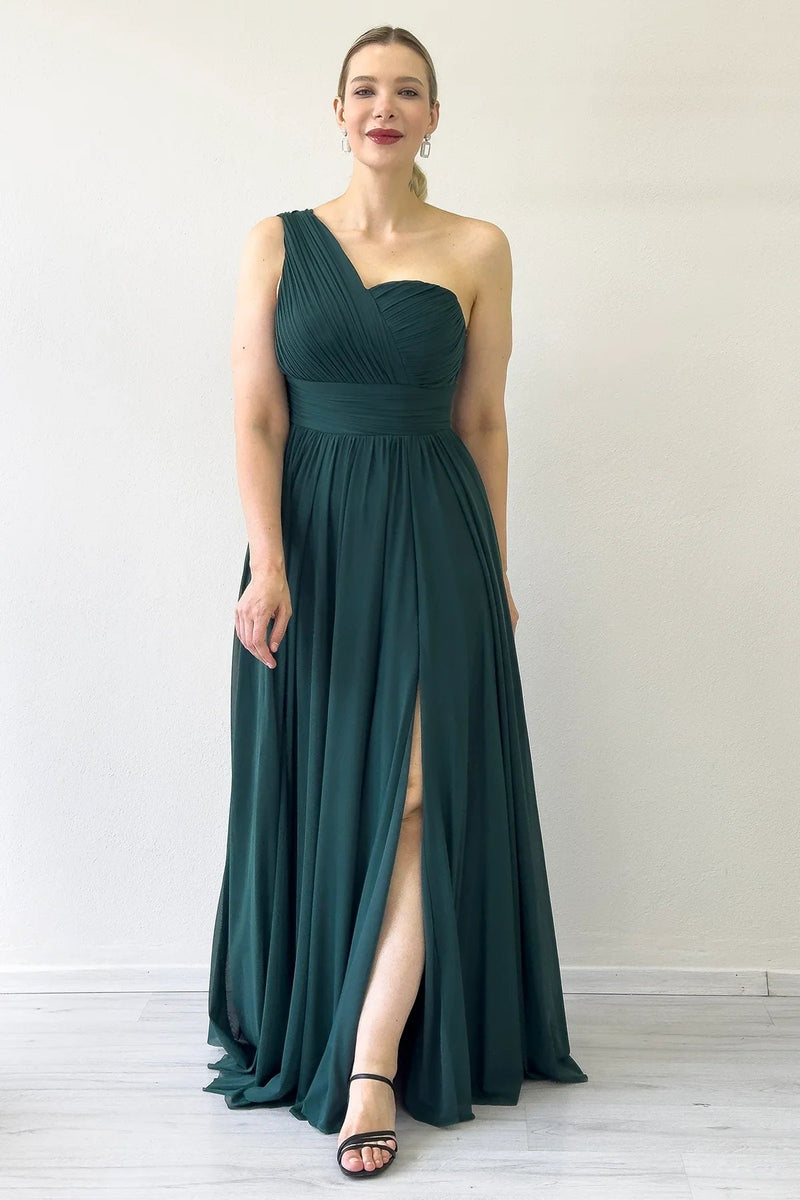Women's Emerald Green Tek Omuz Piliseli Flared Evening Gown