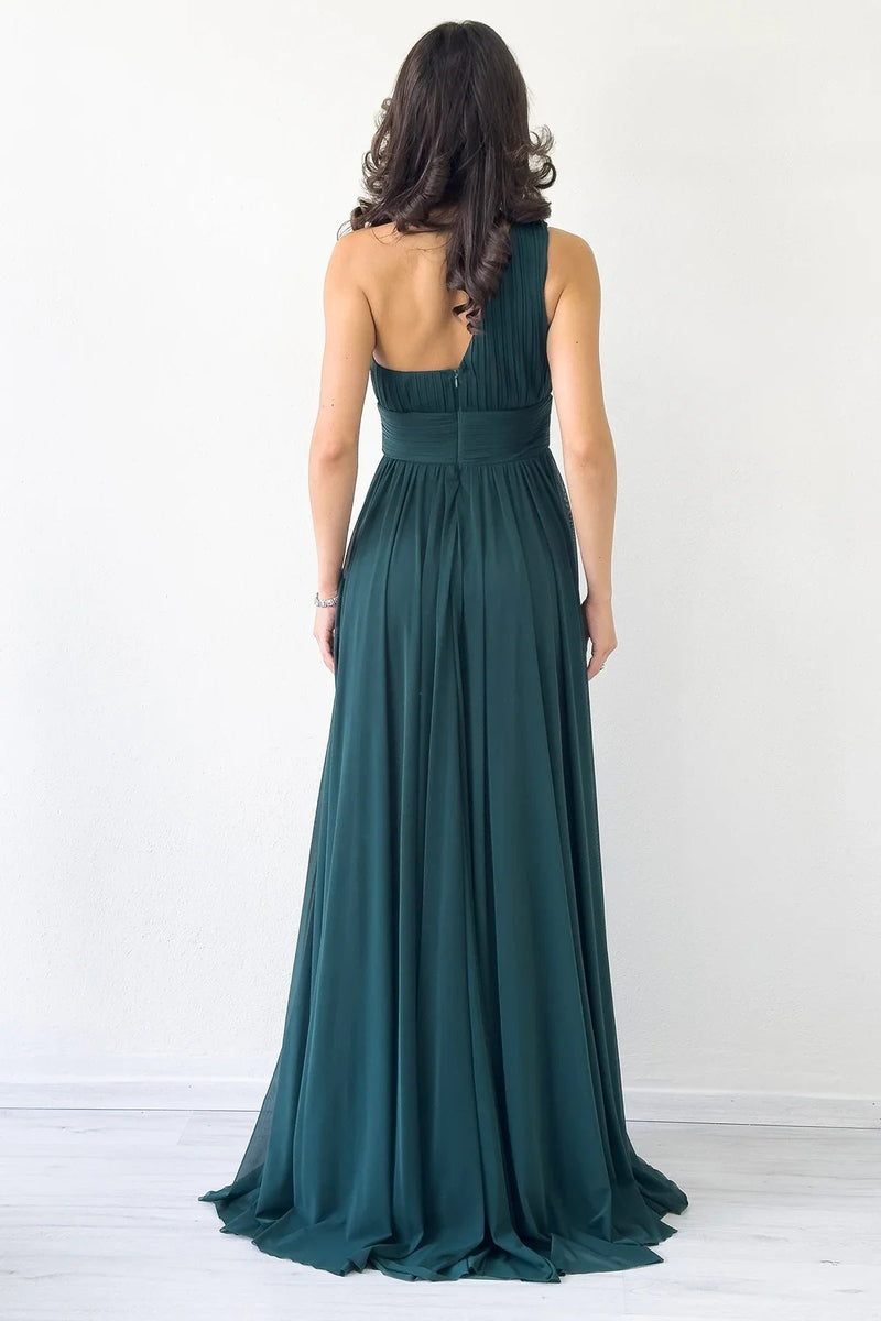 Women's Emerald Green Tek Omuz Piliseli Flared Evening Gown