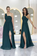 Emerald Green One-Shoulder Draped Maxi Chiffon Evening Dress