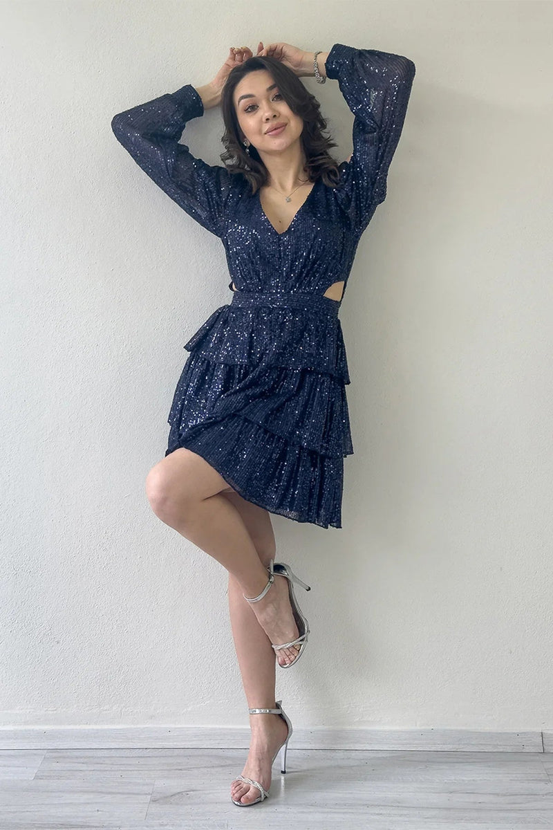 Women's Navy Blue Sequin Open Back Mini After Evening Gown