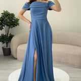 Indigo Stone Strap Satin Maxi Abendkleid