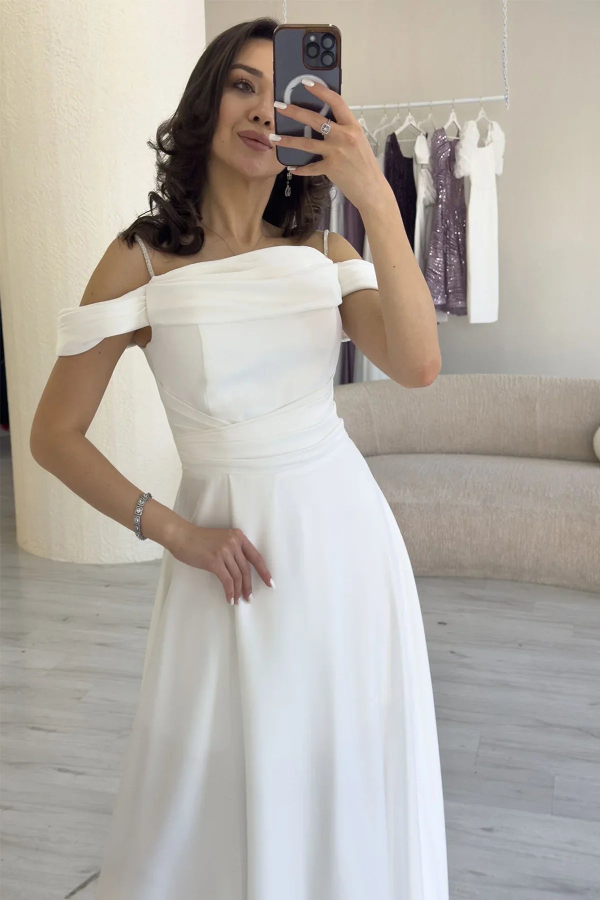 Women's White Taş Strap Off-Shoulder Satin Slit Evening Gown