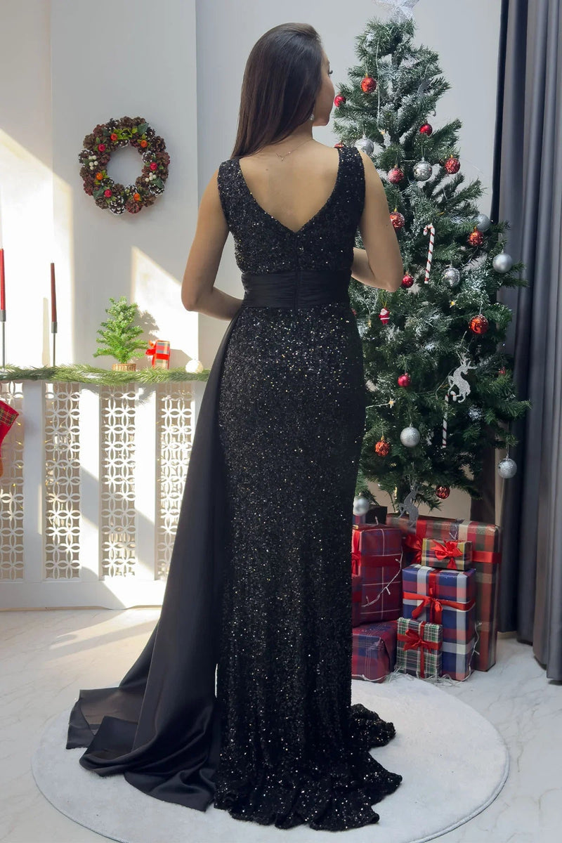 Women's Black Sequin Train Bel Satin Draped Plus Size Evening Gown