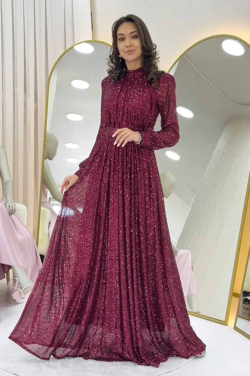 Women's Burgundy Sequin Büzgü Detail Maxi Evening Gown