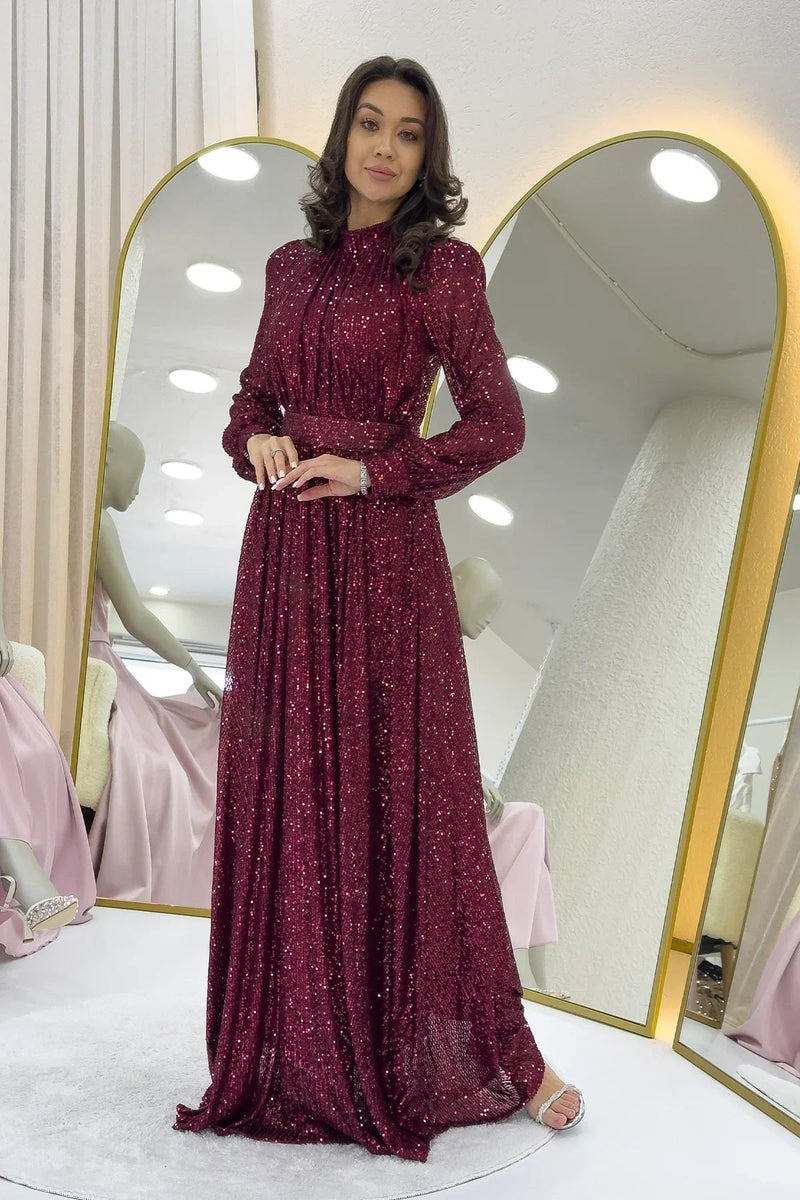 Women's Burgundy Sequin Büzgü Detail Maxi Evening Gown